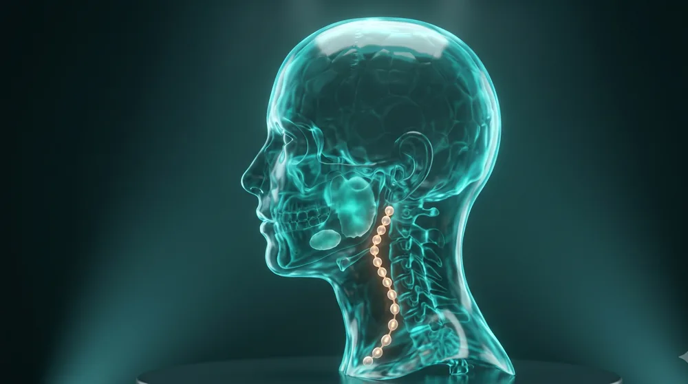 Ilustración 3D de cabeza y cuello con glándulas salivales