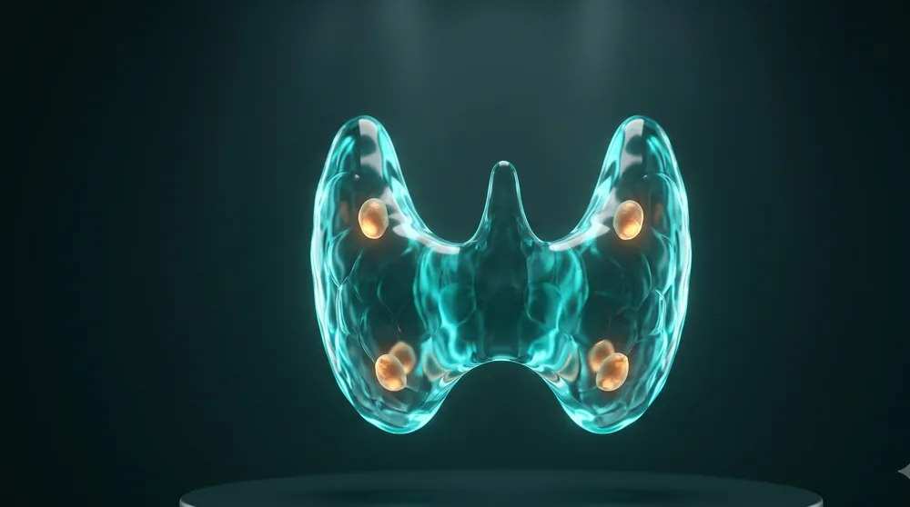 Ilustración 3D de la glándula tiroides y paratiroides